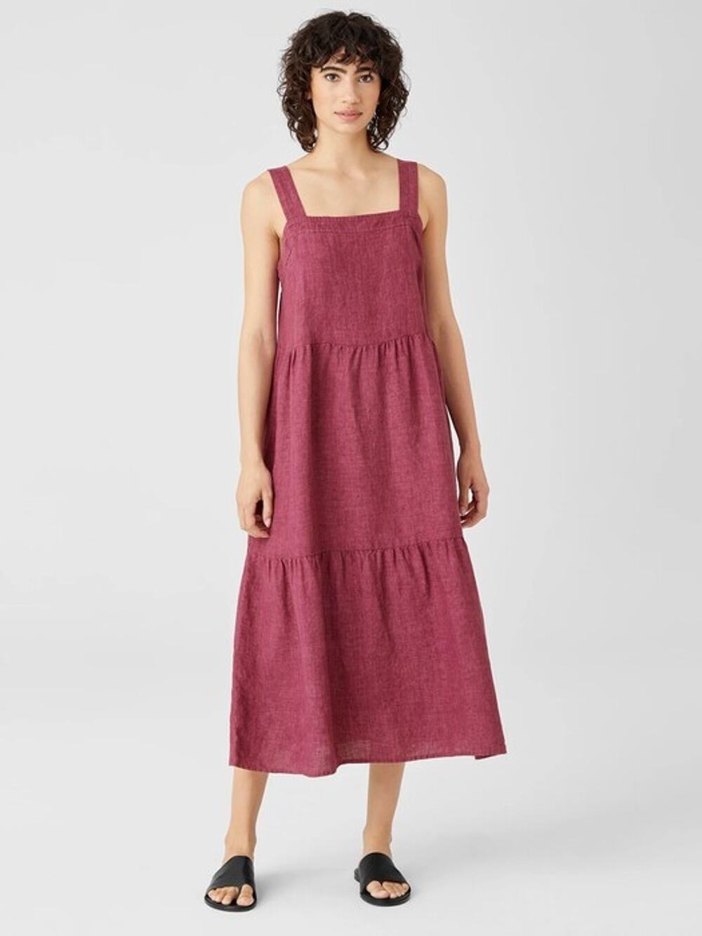 Eileen Fisher Delave Organic Linen Purple Tiered Midi Dress XS